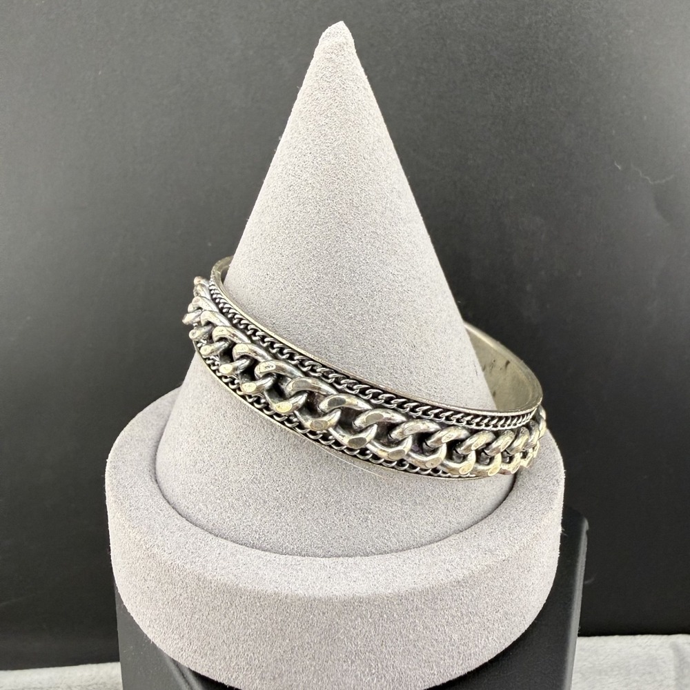 Vintage Estate Bangle Bracelet Silver Tone Chain Link Textured 8.5"